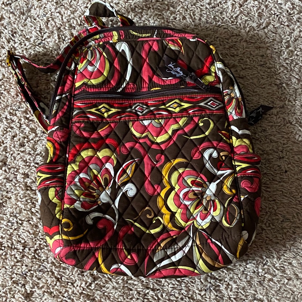 Vera Bradley Brown Quilted Backpack with Red, Yellow & White Floral Pattern